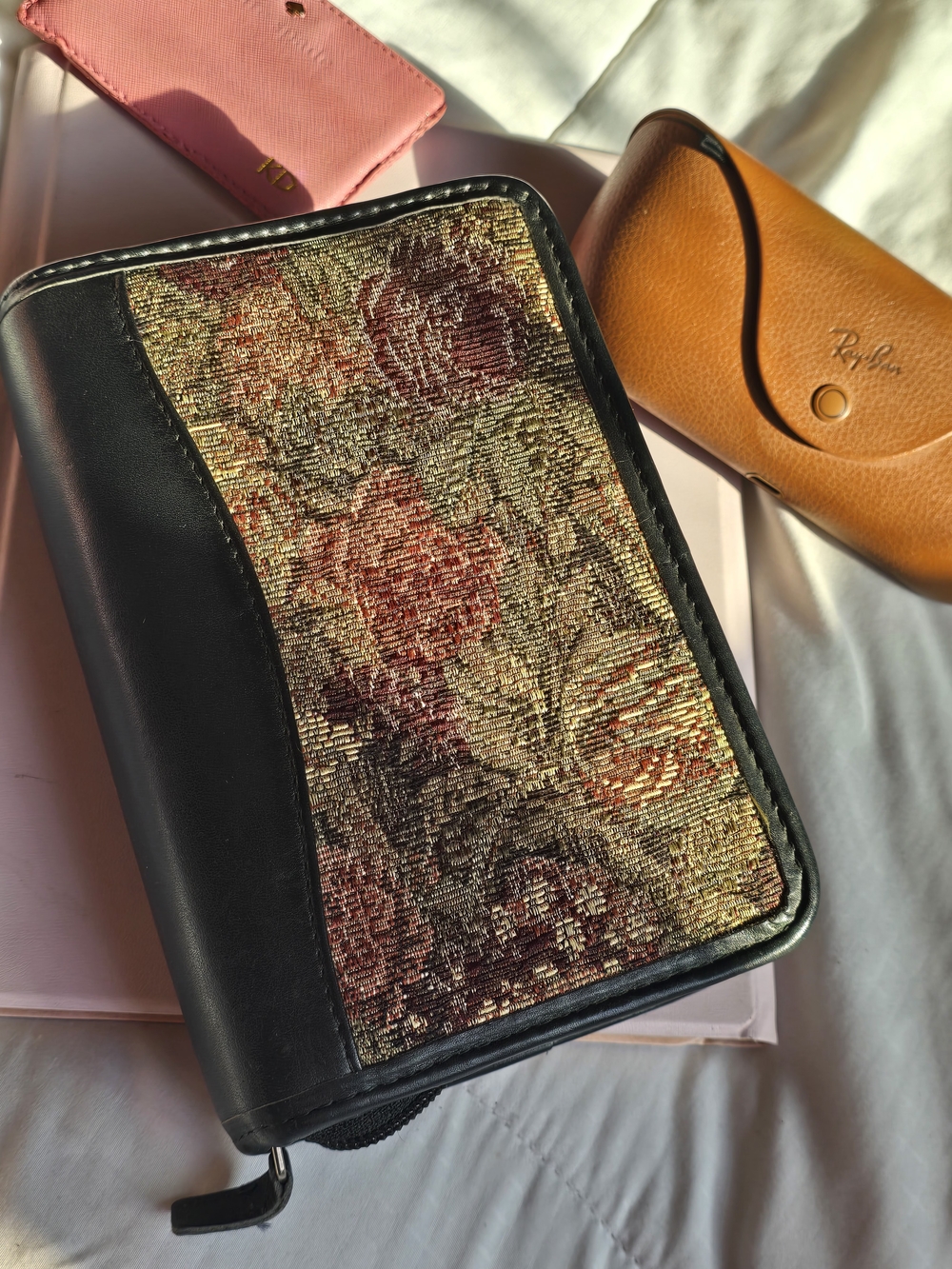 Black Leather Organizer with Floral Tapestry Panel